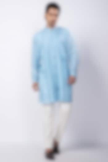 Light Blue Silk Mulmul Pleated Kurta Set by Smriti By Anju Agarwal Men