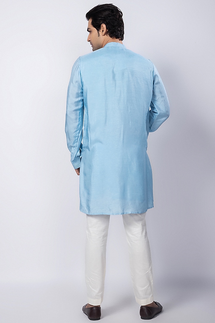 Light Blue Silk Mulmul Pleated Kurta Set by Smriti by Anju Agarwal Men at Pernia's Pop Up Shop