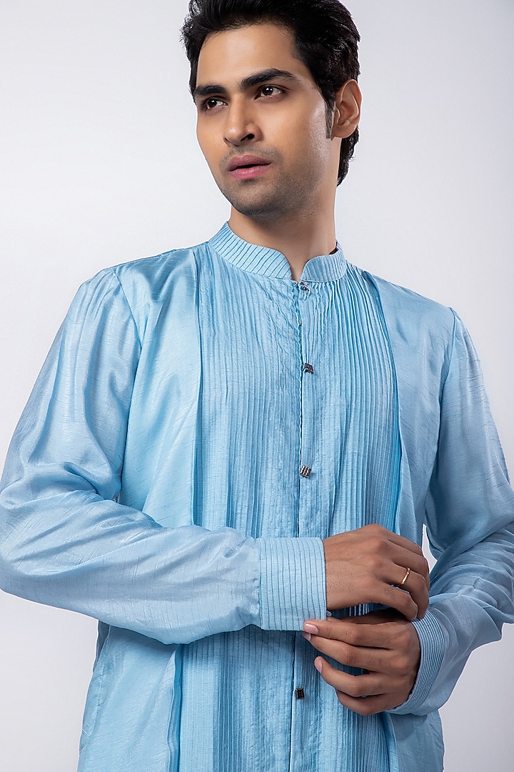Light Blue Silk Mulmul Pleated Kurta Set by Smriti by Anju Agarwal Men at Pernia's Pop Up Shop