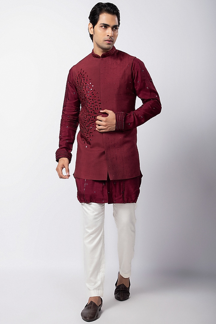 Maroon Silk Cutdana Embroidered Nehru Jacket by Smriti By Anju Agarwal Men