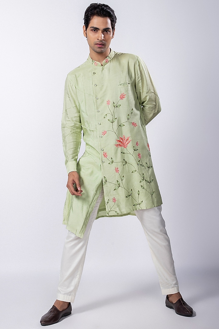 Light Green Silk Mulmul Floral Embroidered Kurta Set by Smriti By Anju Agarwal Men