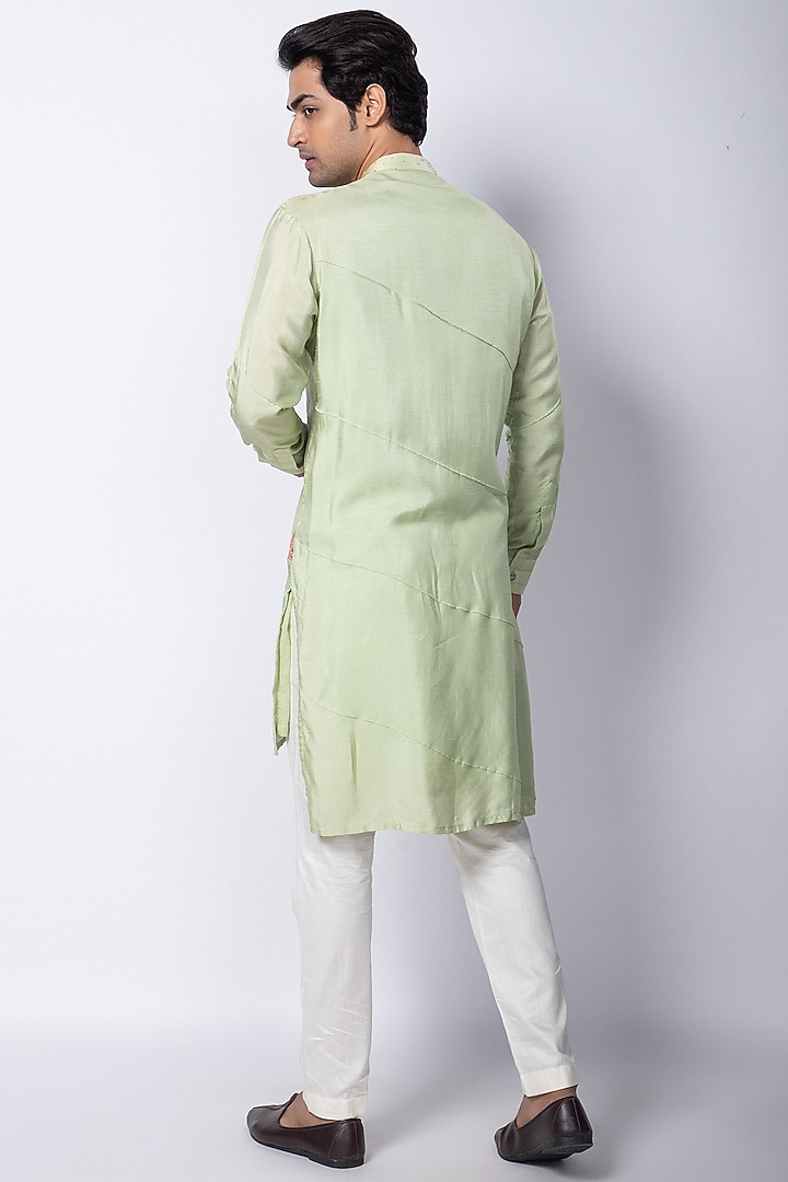 Light Green Silk Mulmul Floral Embroidered Kurta Set by Smriti by Anju Agarwal Men at Pernia's Pop Up Shop