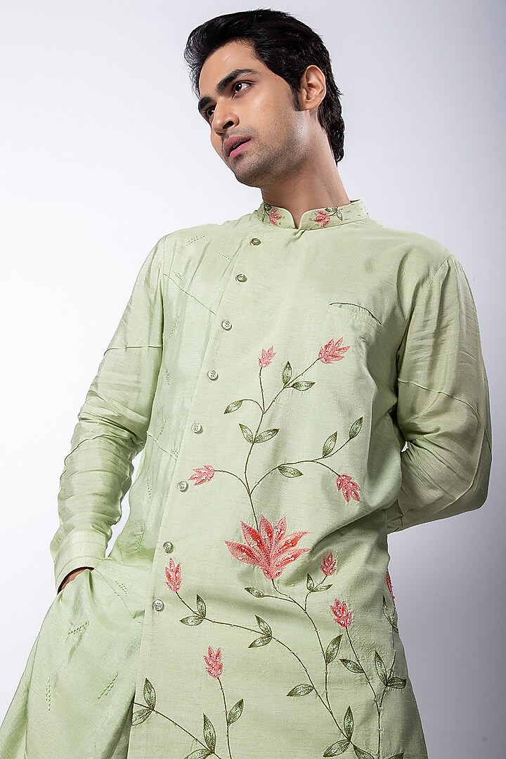 Light Green Silk Mulmul Floral Embroidered Kurta Set by Smriti by Anju Agarwal Men at Pernia's Pop Up Shop