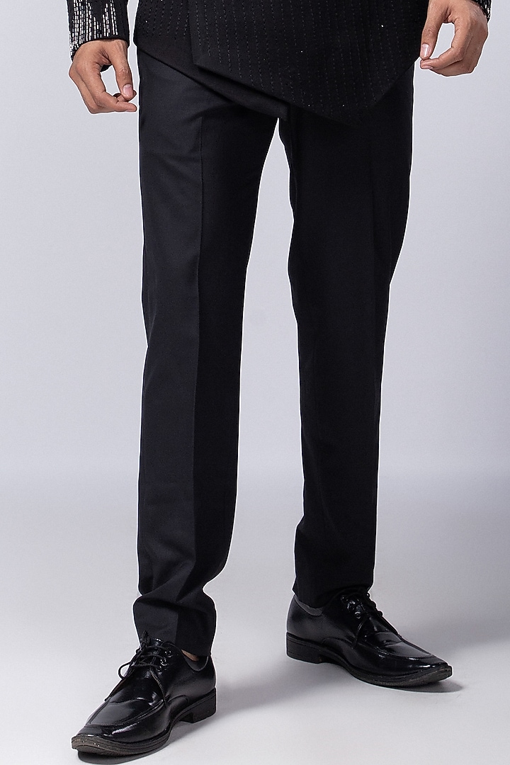 Black Linen Satin Metallic Embellished Wedding Bandhgala Set by Smriti by Anju Agarwal Men at Pernia's Pop Up Shop