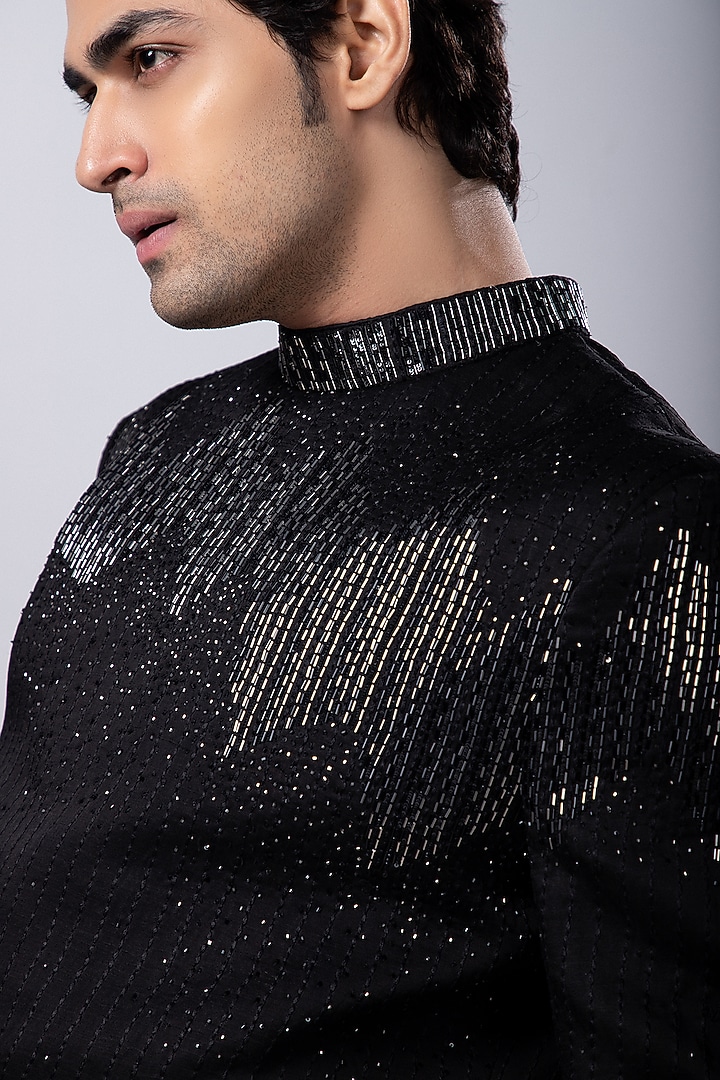 Black Linen Satin Metallic Embellished Wedding Bandhgala Set by Smriti by Anju Agarwal Men at Pernia's Pop Up Shop
