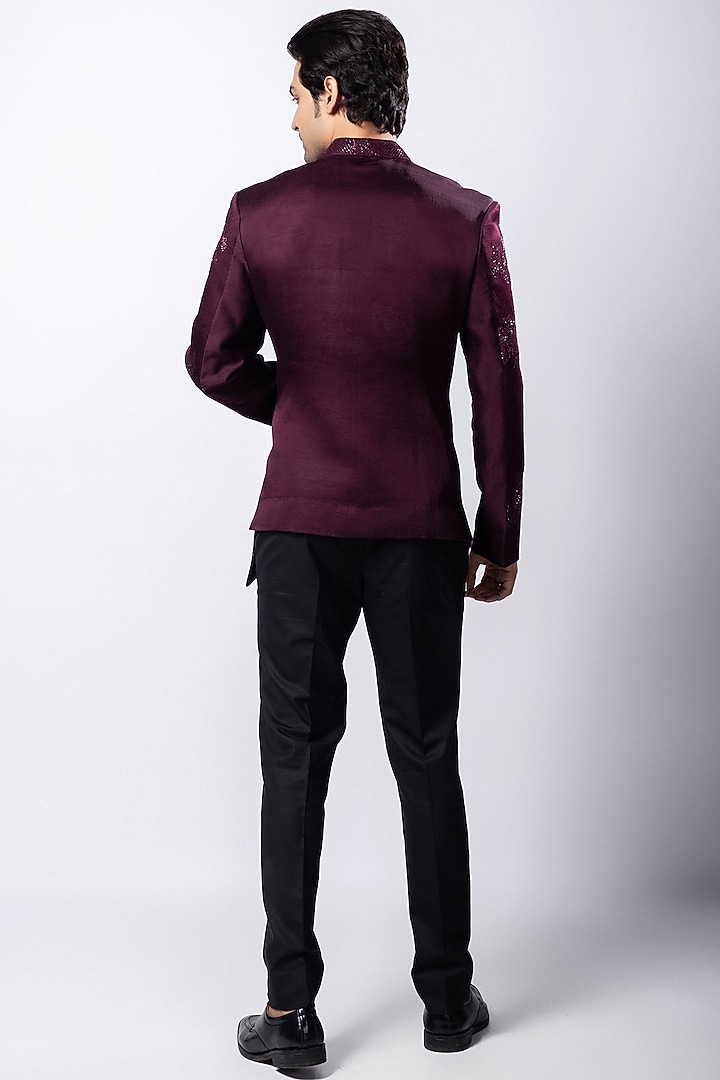 Maroon Linen Satin Cutdana Embroidered Wedding Bandhgala Set by Smriti by Anju Agarwal Men at Pernia's Pop Up Shop