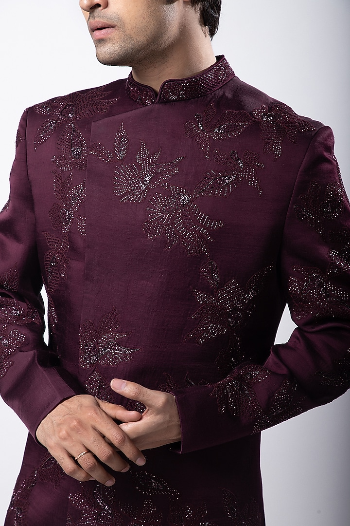 Maroon Linen Satin Cutdana Embroidered Wedding Bandhgala Set by Smriti by Anju Agarwal Men at Pernia's Pop Up Shop