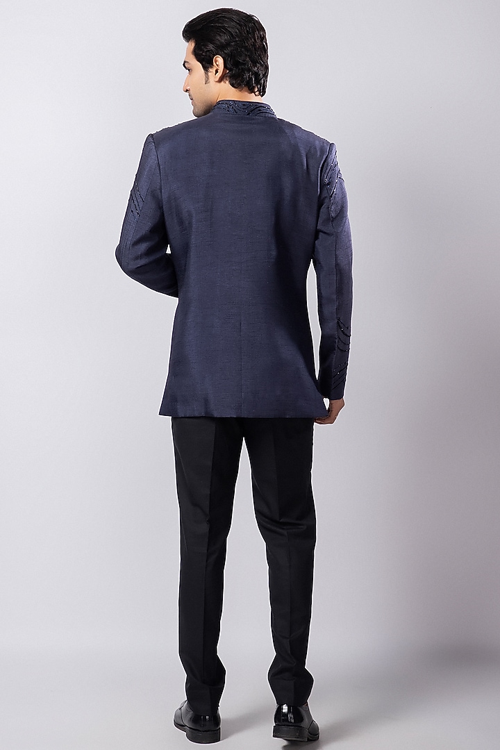 Blue Silk Cutdana Embroidered Bandhgala Set by Smriti by Anju Agarwal Men at Pernia's Pop Up Shop