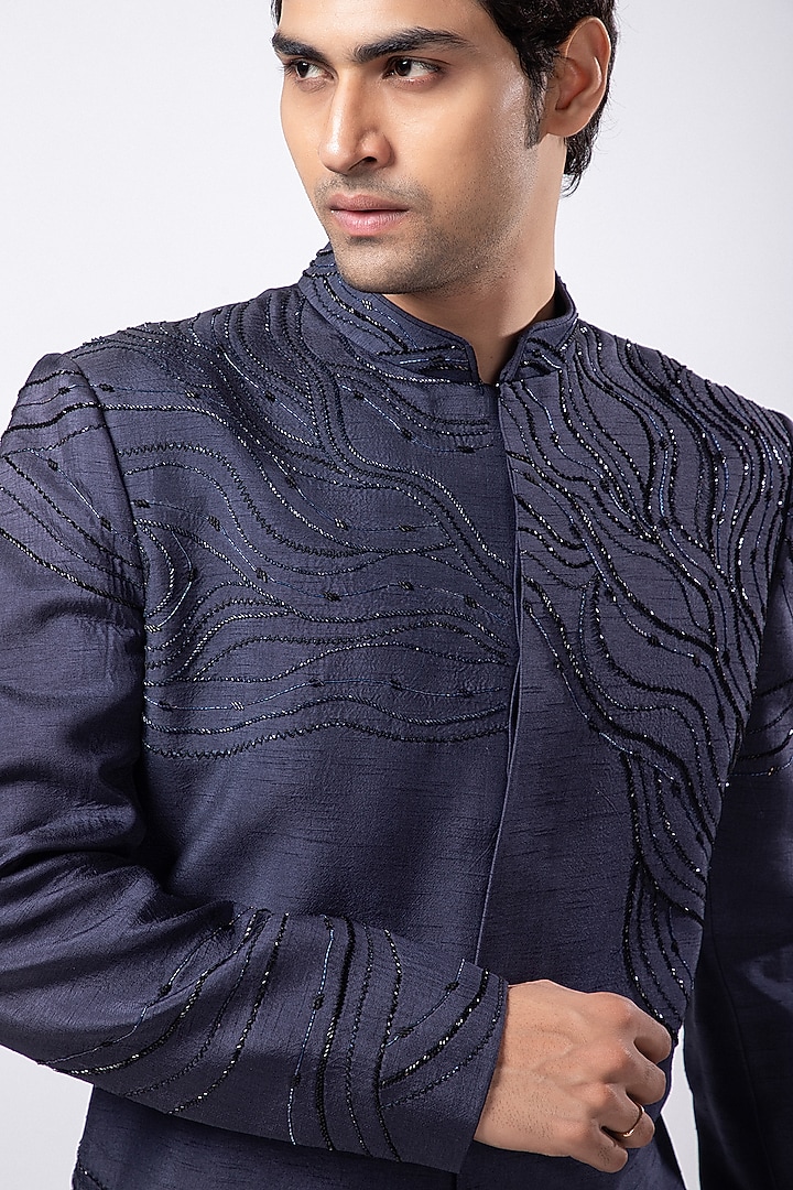 Blue Silk Cutdana Embroidered Bandhgala Set by Smriti by Anju Agarwal Men at Pernia's Pop Up Shop