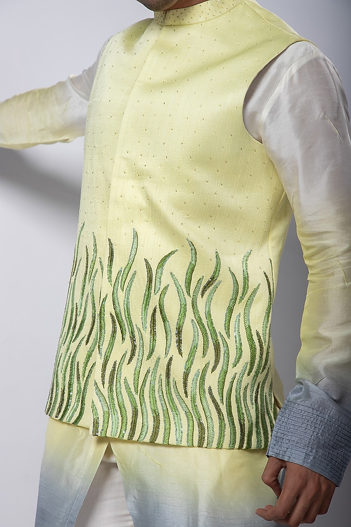 Yellow Linen Satin Thread Embroidered Nehru Jacket by Smriti by Anju Agarwal Men at Pernia's Pop Up Shop
