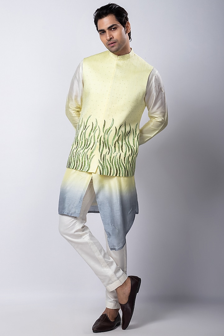 Yellow Linen Satin Thread Embroidered Nehru Jacket Set by Smriti By Anju Agarwal Men