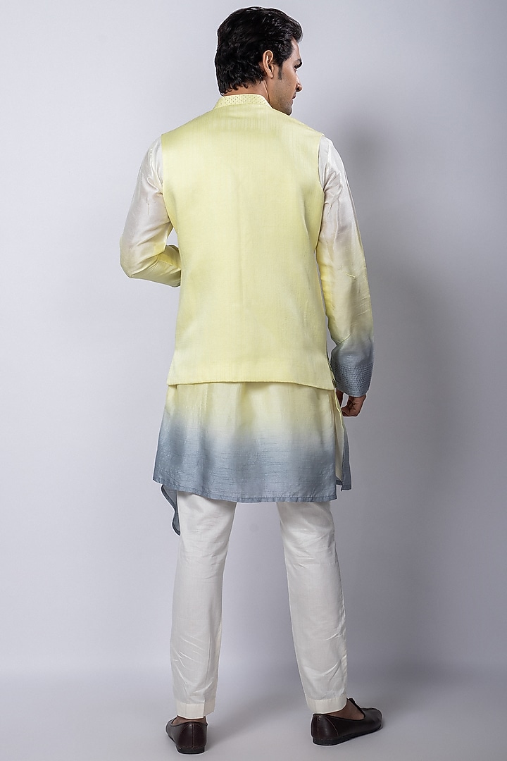 Yellow Linen Satin Thread Embroidered Nehru Jacket Set by Smriti by Anju Agarwal Men at Pernia's Pop Up Shop