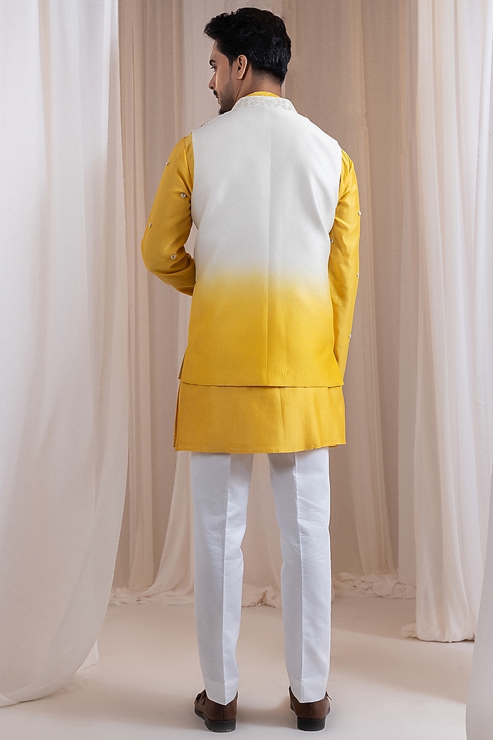 Yellow Chanderi Thread Embroidered Nehru Jacket by Smriti by Anju Agarwal Men at Pernia's Pop Up Shop
