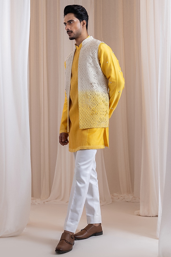 Yellow Chanderi Thread Embroidered Nehru Jacket by Smriti by Anju Agarwal Men at Pernia's Pop Up Shop
