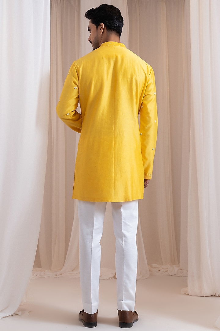 Yellow Chanderi Thread Embroidered Nehru Jacket Set by Smriti by Anju Agarwal Men at Pernia's Pop Up Shop