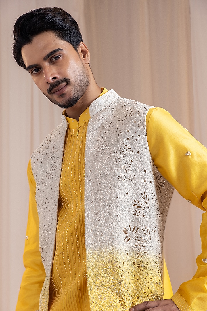Yellow Chanderi Thread Embroidered Nehru Jacket Set by Smriti by Anju Agarwal Men at Pernia's Pop Up Shop