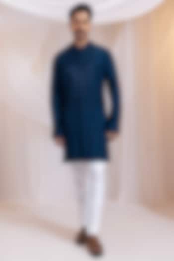 Deep Royal Blue Silk Cutdana Embellished Kurta Set by Smriti by Anju Agarwal Men at Pernia's Pop Up Shop