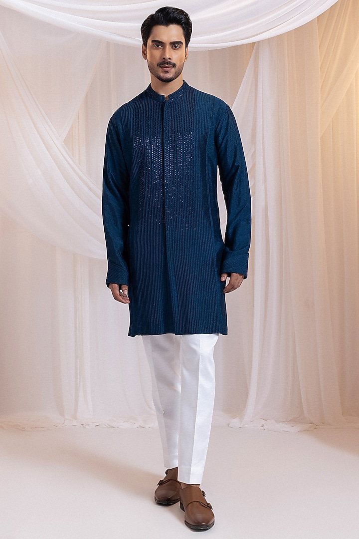 Deep Royal Blue Silk Cutdana Embellished Kurta Set by Smriti by Anju Agarwal Men at Pernia's Pop Up Shop