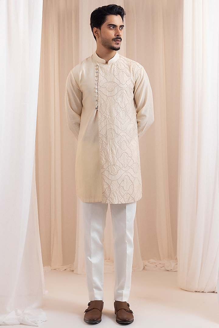 Beige Chanderi Thread Embroidered Overlap Kurta Set by Smriti By Anju Agarwal Men at Pernia's Pop Up Shop