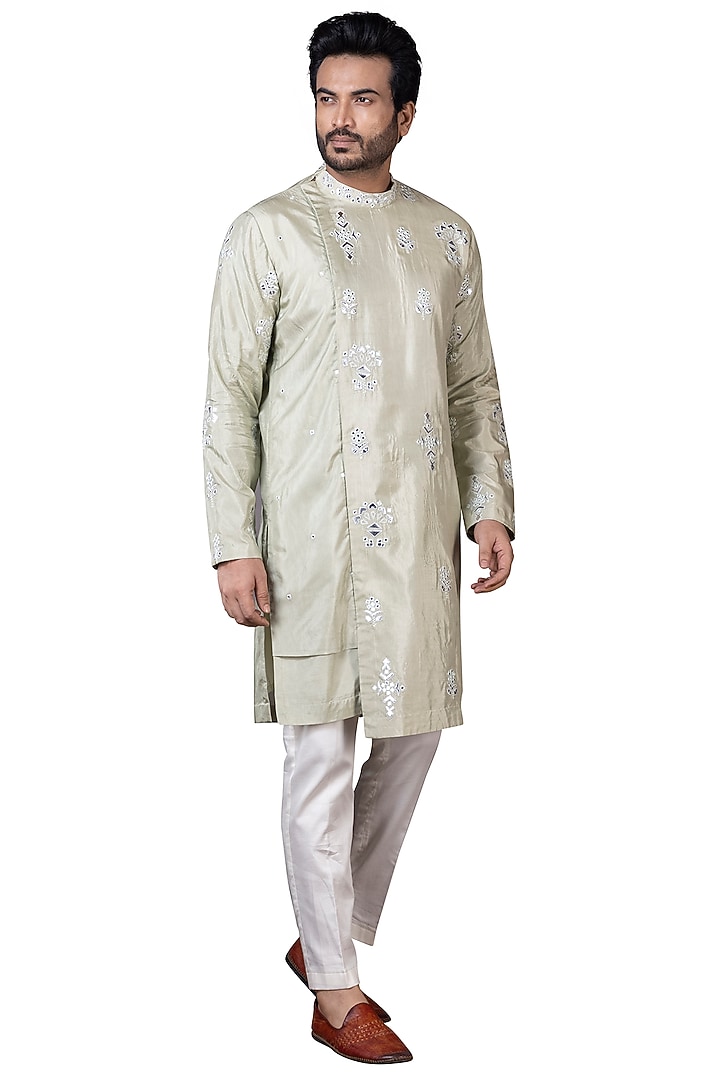 Light Pista Green Silk Kurta Set by Smriti By Anju Agarwal Men at Pernia's Pop Up Shop