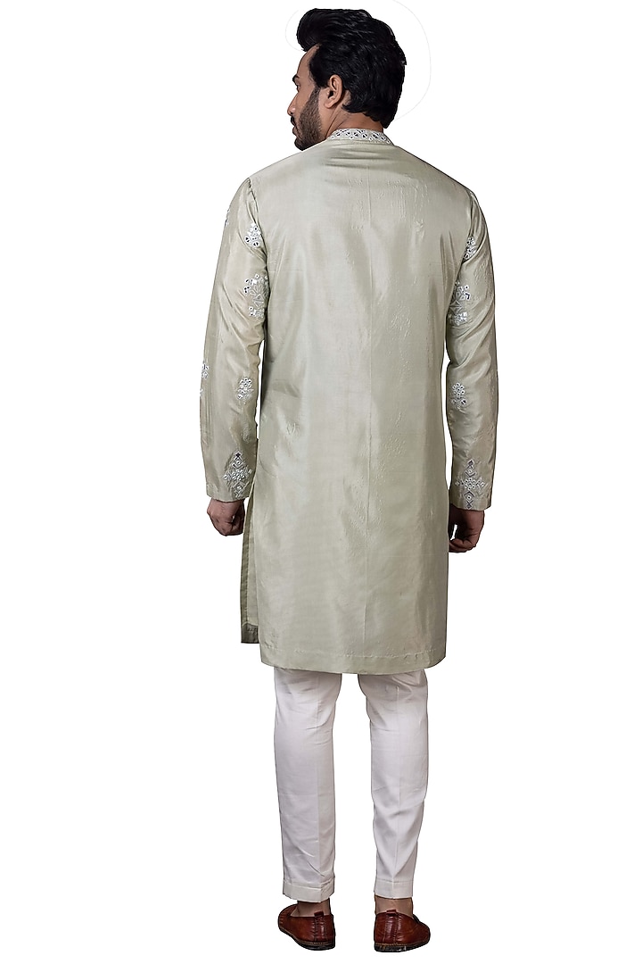 Light Pista Green Silk Kurta Set by Smriti by Anju Agarwal Men at Pernia's Pop Up Shop