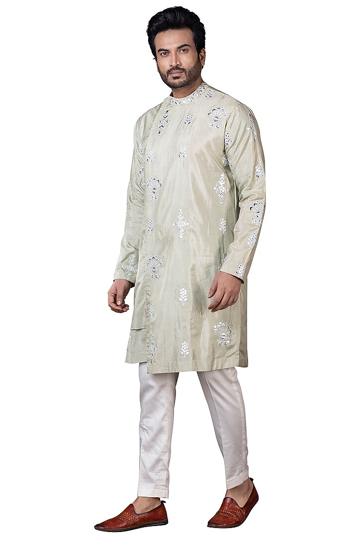 Light Pista Green Silk Kurta Set by Smriti by Anju Agarwal Men at Pernia's Pop Up Shop