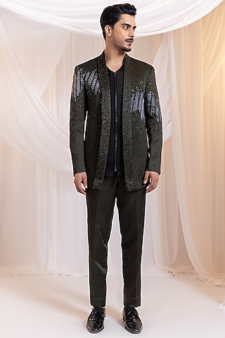 Hunter Green Linen Satin Crystal Embellished Blazer Set by Smriti by Anju Agarwal Men