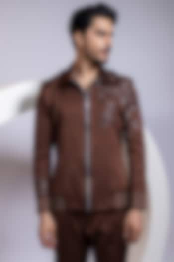 Cocoa Brown Linen Satin Beadwork Bomber Jacket by Smriti By Anju Agarwal Men at Pernia's Pop Up Shop