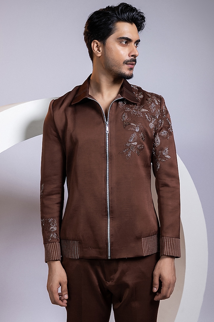 Cocoa Brown Linen Satin Beadwork Bomber Jacket by Smriti By Anju Agarwal Men at Pernia's Pop Up Shop