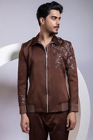 Cocoa Brown Linen Satin Beadwork Bomber Jacket by Smriti by Anju Agarwal Men