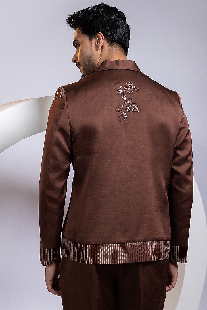 Cocoa Brown Linen Satin Beadwork Bomber Jacket by Smriti by Anju Agarwal Men at Pernia's Pop Up Shop
