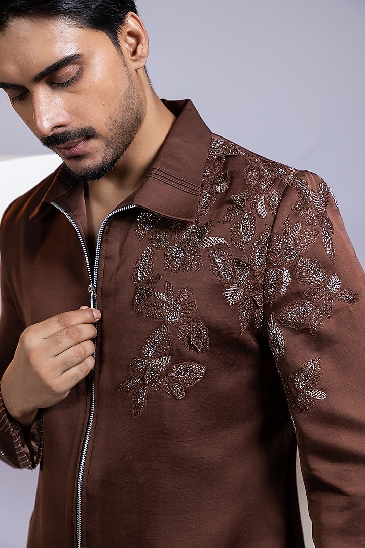 Cocoa Brown Linen Satin Beadwork Bomber Jacket by Smriti by Anju Agarwal Men at Pernia's Pop Up Shop