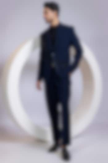 Deep Navy Blue Lachka Fabric Crystal Embellished Blazer Set by Smriti By Anju Agarwal Men at Pernia's Pop Up Shop