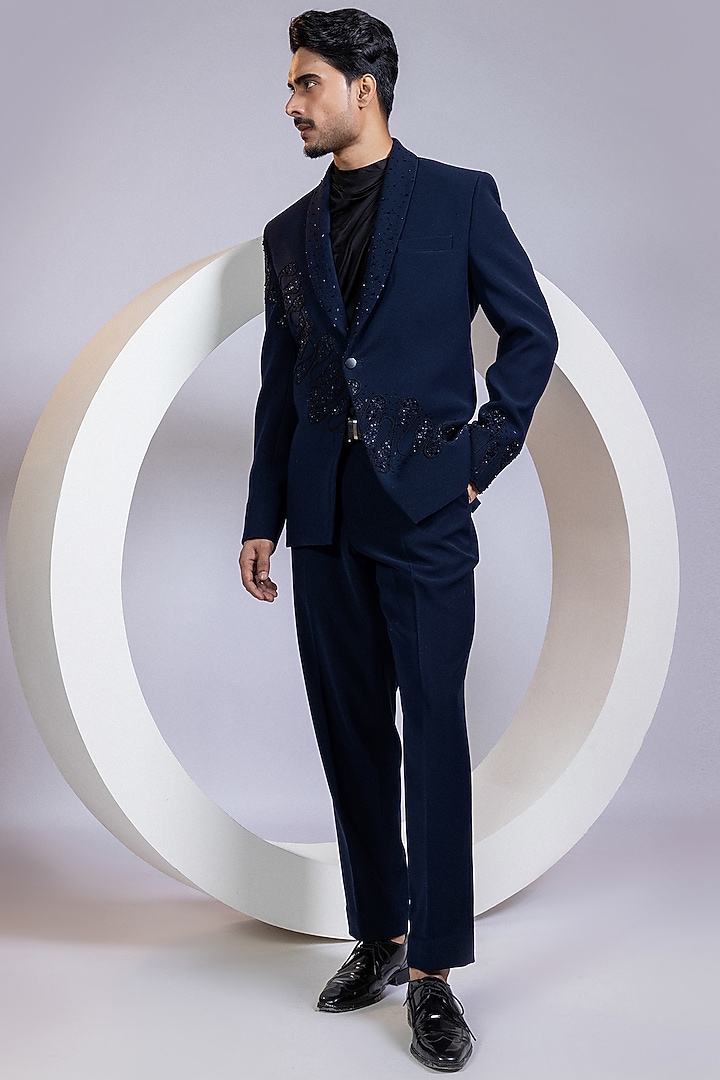 Deep Navy Blue Lachka Fabric Crystal Embellished Blazer Set by Smriti By Anju Agarwal Men at Pernia's Pop Up Shop