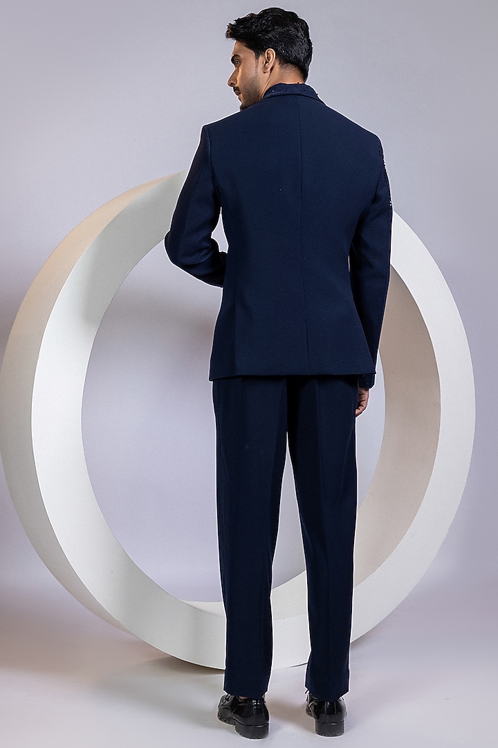 Deep Navy Blue Lachka Fabric Crystal Embellished Blazer Set by Smriti by Anju Agarwal Men at Pernia's Pop Up Shop