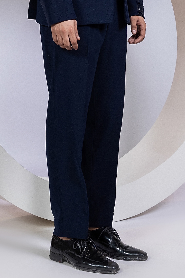 Deep Navy Blue Lachka Fabric Crystal Embellished Blazer Set by Smriti by Anju Agarwal Men at Pernia's Pop Up Shop