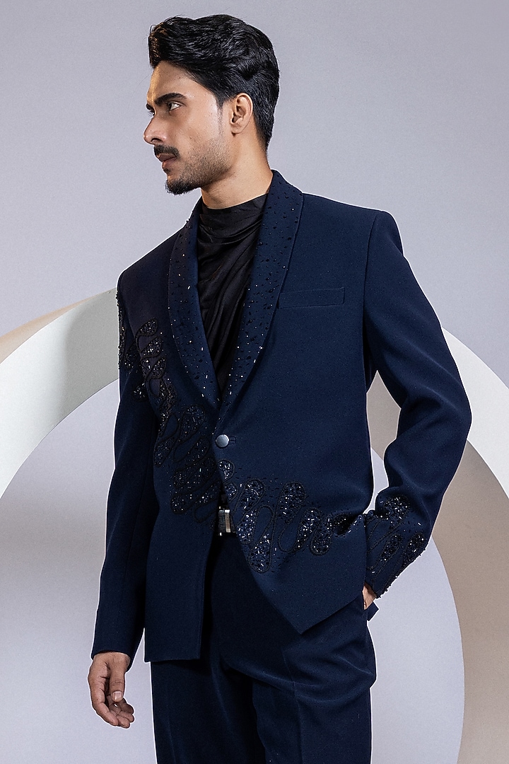 Deep Navy Blue Lachka Fabric Crystal Embellished Blazer Set by Smriti by Anju Agarwal Men at Pernia's Pop Up Shop
