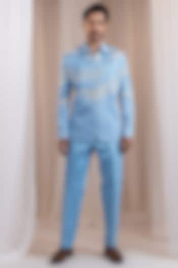Powder Blue Linen Satin Thread Embellished Co-Ord Set by Smriti By Anju Agarwal Men at Pernia's Pop Up Shop