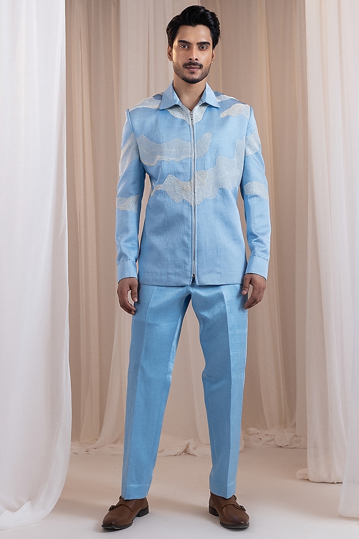 Powder Blue Linen Satin Thread Embellished Co-Ord Set by Smriti By Anju Agarwal Men at Pernia's Pop Up Shop