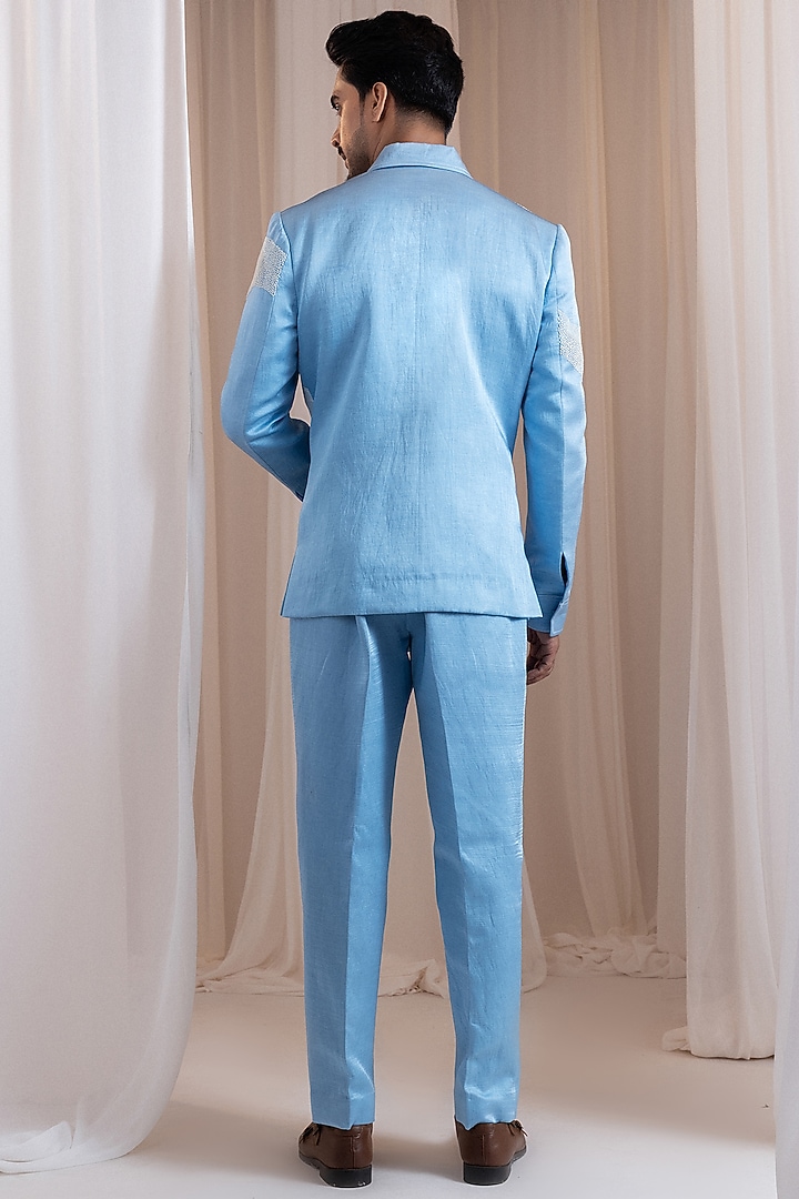 Powder Blue Linen Satin Thread Embellished Co-Ord Set by Smriti by Anju Agarwal Men at Pernia's Pop Up Shop