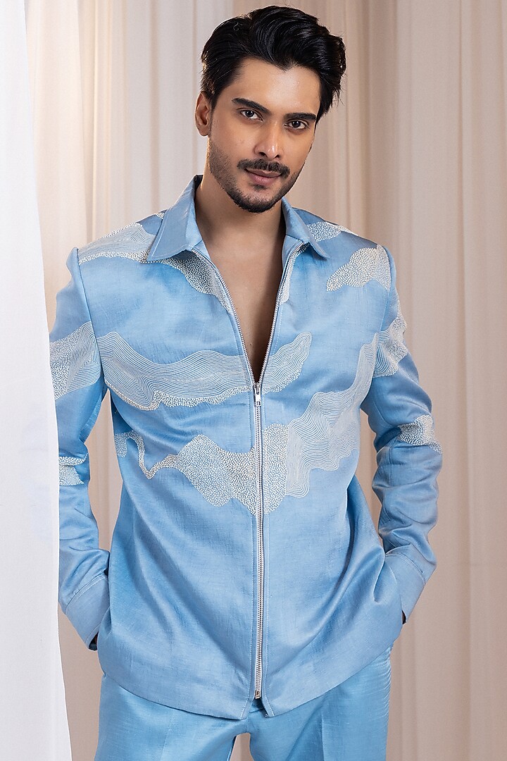 Powder Blue Linen Satin Thread Embellished Co-Ord Set by Smriti by Anju Agarwal Men at Pernia's Pop Up Shop