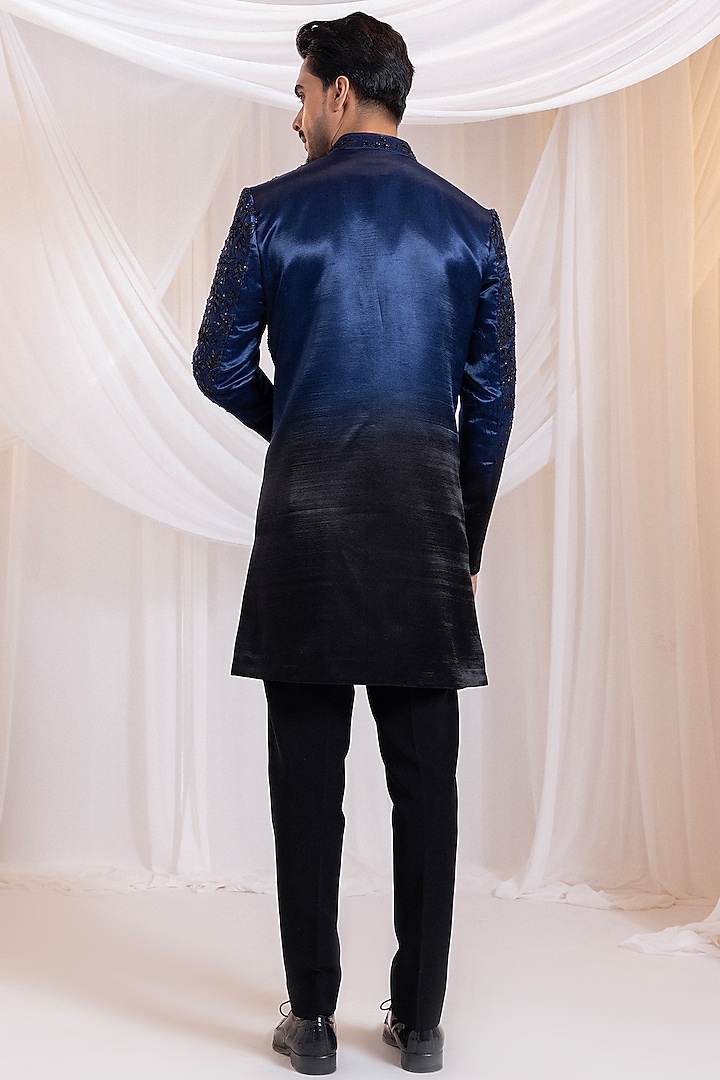 Navy Blue-Black Linen Satin Hand Embroidered Wedding Bandhgala by Smriti by Anju Agarwal Men at Pernia's Pop Up Shop