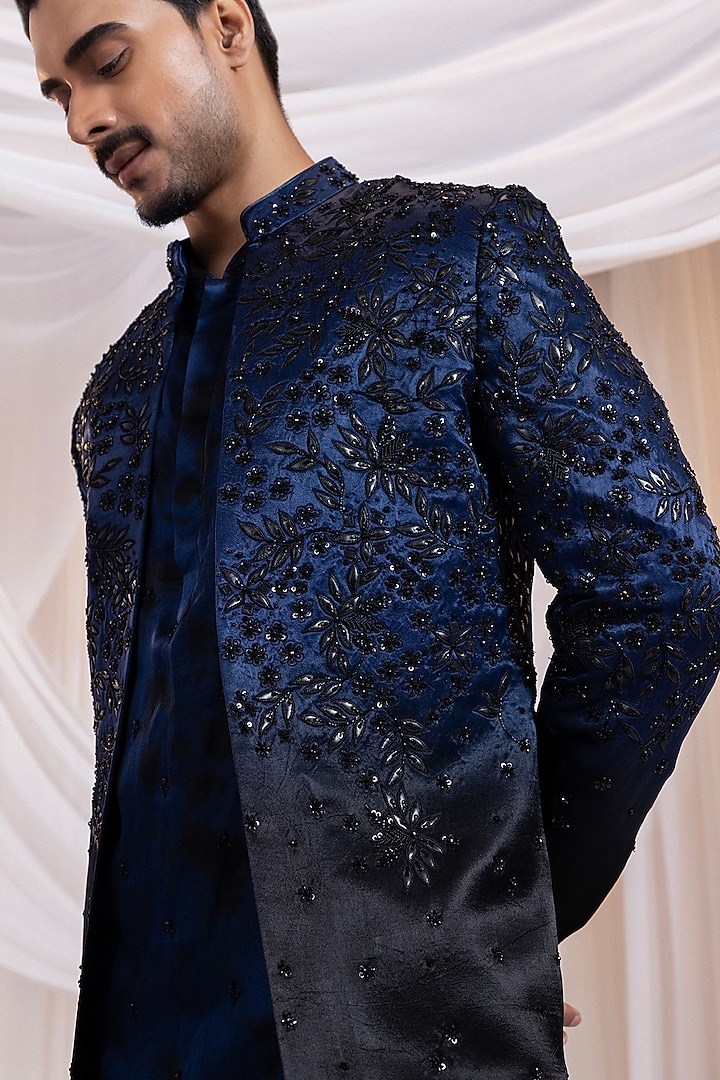 Navy Blue-Black Linen Satin Hand Embroidered Wedding Bandhgala by Smriti by Anju Agarwal Men at Pernia's Pop Up Shop