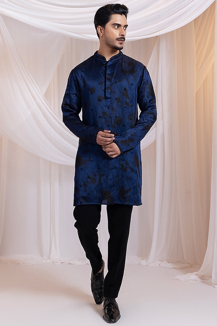 Navy Blue-Black Linen Satin Hand Embroidered Kurta by Smriti By Anju Agarwal Men at Pernia's Pop Up Shop