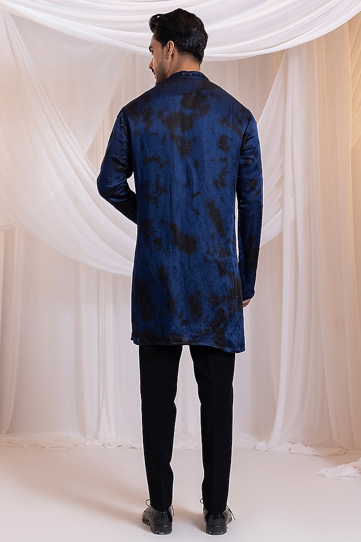 Navy Blue-Black Linen Satin Hand Embroidered Kurta by Smriti by Anju Agarwal Men at Pernia's Pop Up Shop