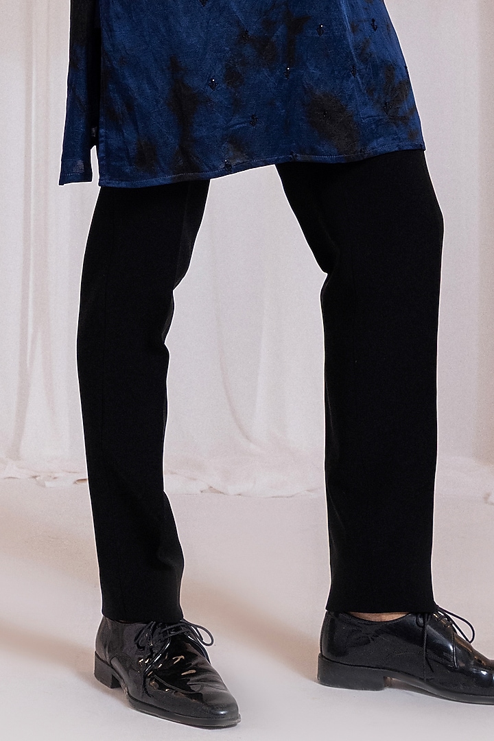 Navy Blue-Black Linen Satin Hand Embroidered Kurta by Smriti by Anju Agarwal Men at Pernia's Pop Up Shop