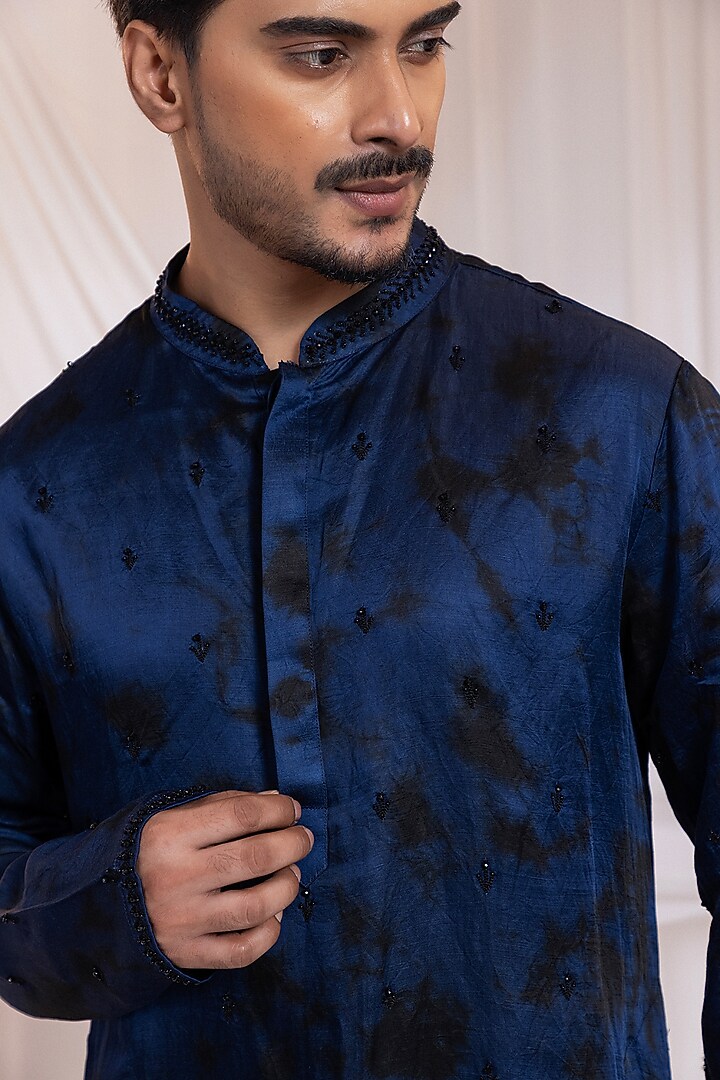 Navy Blue-Black Linen Satin Hand Embroidered Kurta by Smriti by Anju Agarwal Men at Pernia's Pop Up Shop