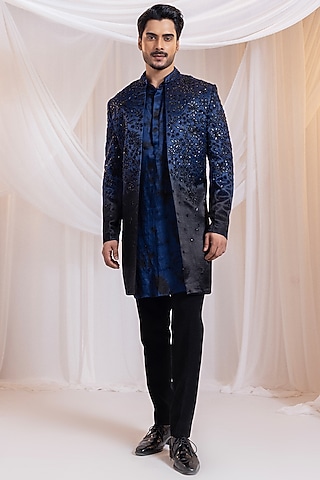 Navy Blue-Black Linen Satin Hand Embroidered Bandhgala Set by Smriti by Anju Agarwal Men