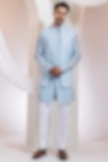 Powder Blue Cotton Threadwork Nehru Jacket by Smriti By Anju Agarwal Men at Pernia's Pop Up Shop
