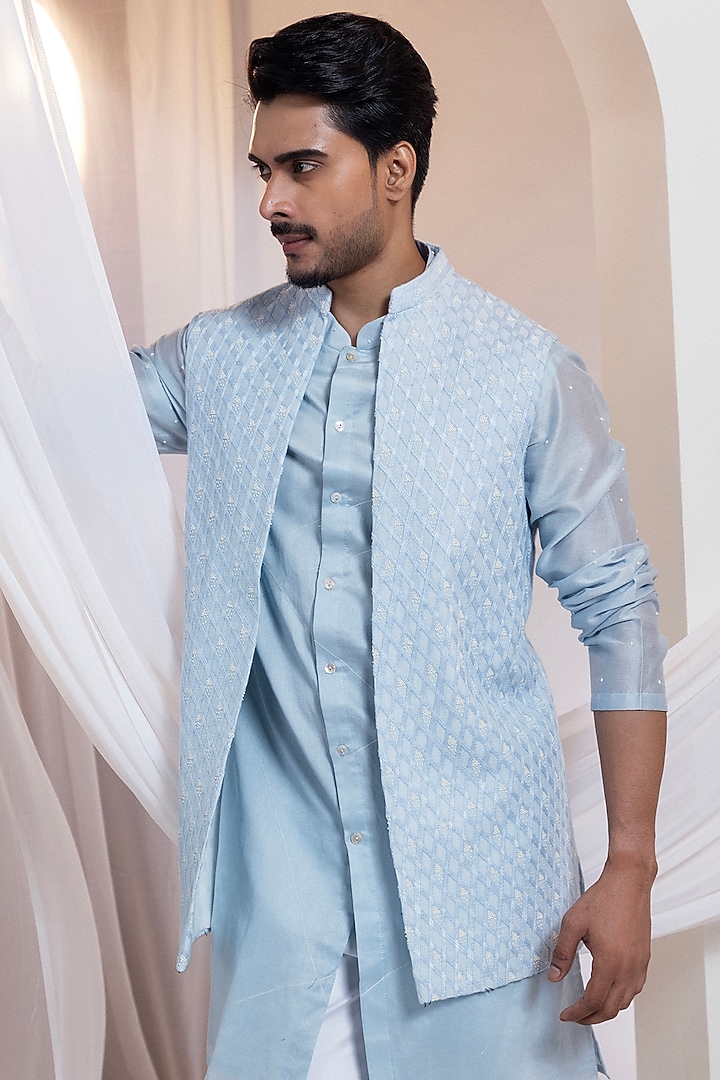 Powder Blue Cotton Threadwork Nehru Jacket by Smriti by Anju Agarwal Men at Pernia's Pop Up Shop